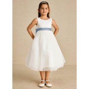 Azazie Kavi  Ivory Dusty Blue A-Line Bow Matte Satin Dress Size 7 NWT